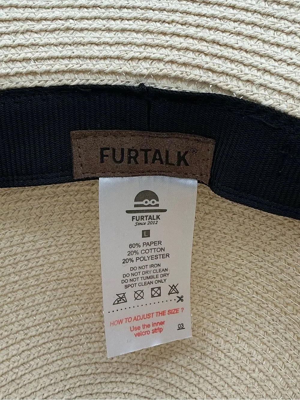 FURTALK wide brim sun hat tightly woven paper straw, offers UPF 50+ size L